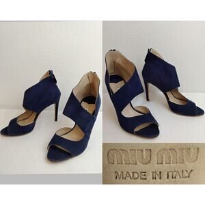 Miu Miu Suede Leather Pumps Women's 36.5 Blue Zip Up Peep Toe #Z5068
